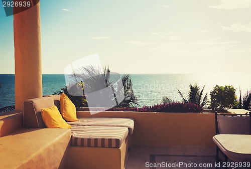 Image of sea view from balcony of home or hotel room