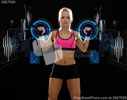 Image of sporty woman exercising with barbell