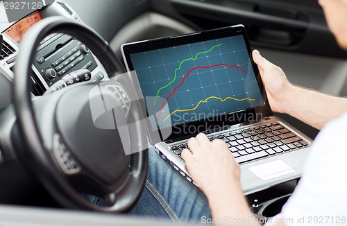 Image of close up of man using laptop computer in car