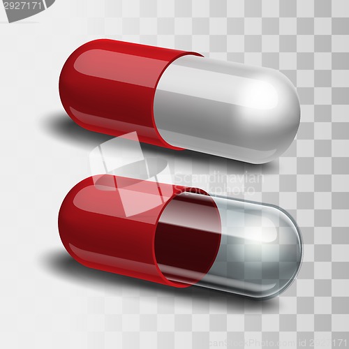 Image of Red pills with white and transparent.