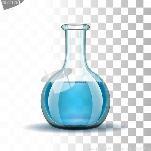 Image of Chemical laboratory transparent flask with blue liquid.