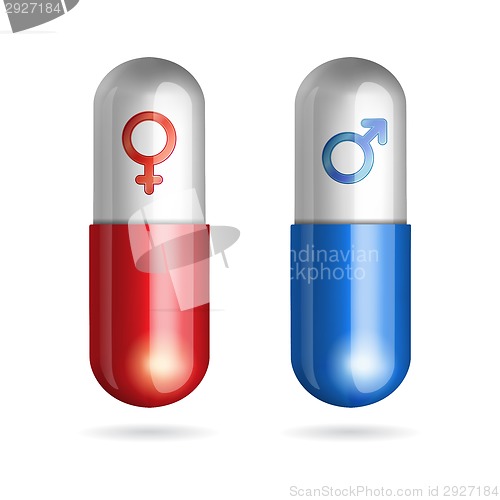 Image of Blue and red pills with male female symbols