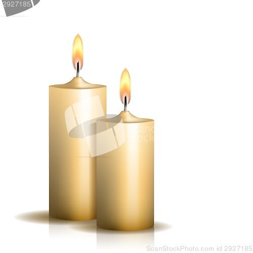 Image of Two burning candles on white background.