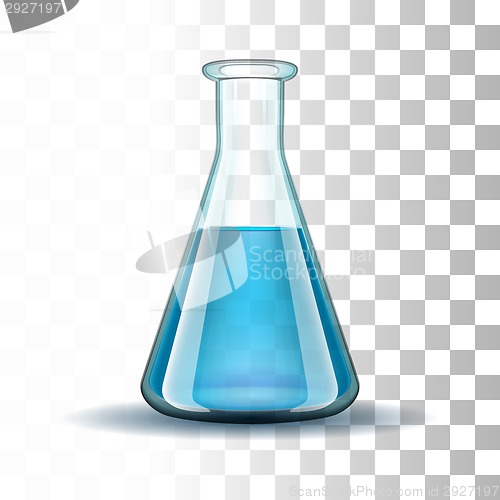 Image of Chemical laboratory transparent flask with blue liquid.