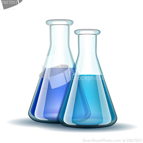 Image of Chemical laboratory transparent flasks with blue liquid.