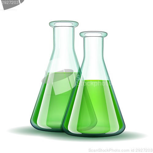 Image of Chemical laboratory transparent flasks with green liquid