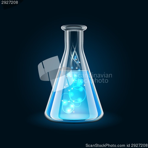 Image of Transparent flask with magic blue liquid on black background.