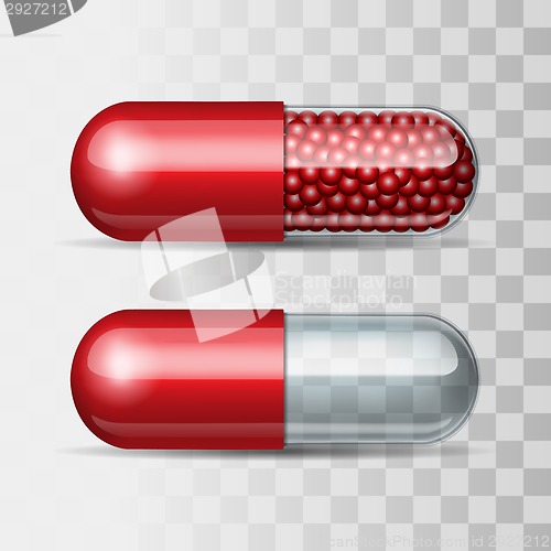 Image of Red and transparent pills.