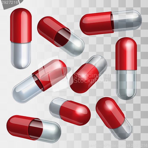 Image of Set of red and transparent medical capsules in different positions