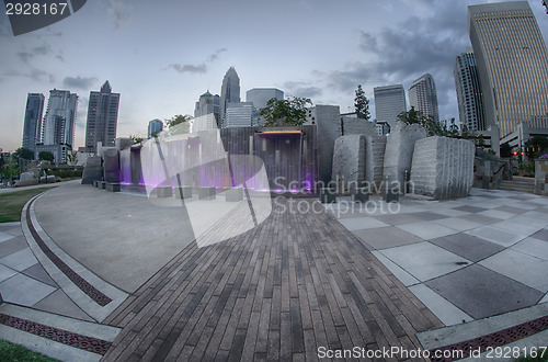 Image of August 29, 2014, Charlotte, NC - view of Charlotte skyline at ni