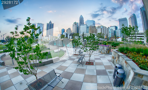 Image of August 29, 2014, Charlotte, NC - view of Charlotte skyline at ni