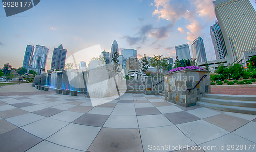 Image of August 29, 2014, Charlotte, NC - view of Charlotte skyline at ni