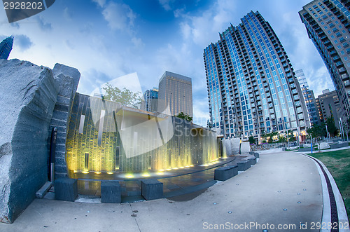 Image of August 29, 2014, Charlotte, NC - view of Charlotte skyline at ni