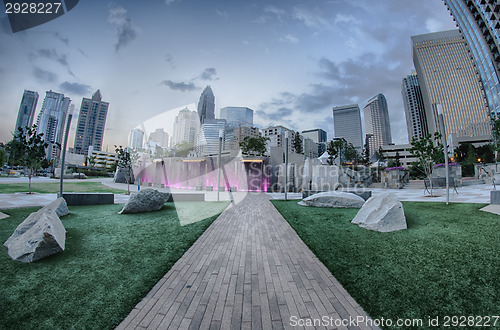 Image of August 29, 2014, Charlotte, NC - view of Charlotte skyline at ni