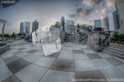 Image of August 29, 2014, Charlotte, NC - view of Charlotte skyline at ni