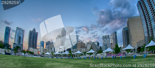 Image of August 29, 2014, Charlotte, NC - view of Charlotte skyline at ni