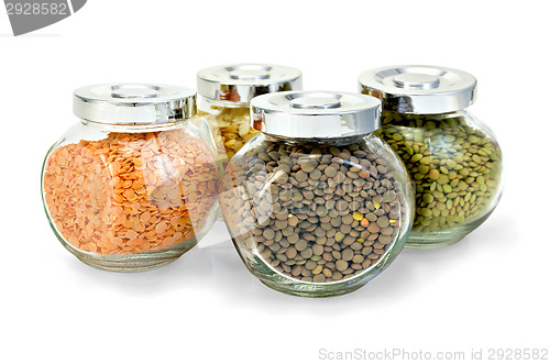 Image of Lentil different and pea flakes in jars