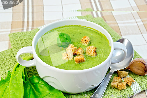 Image of Soup puree with spinach and garlic on fabric
