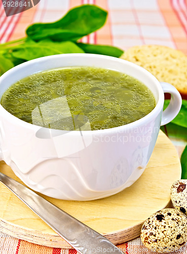 Image of Soup of greenery on fabric with quail eggs