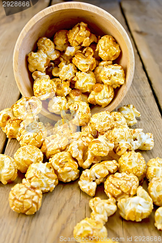 Image of Popcorn caramel on board in wooden bowl