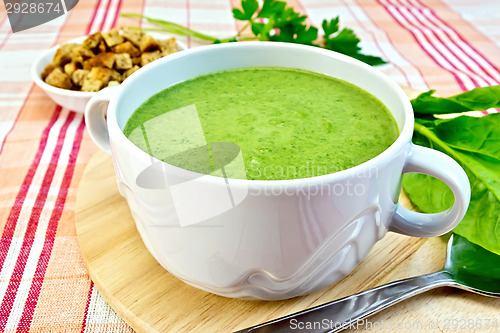 Image of Soup puree with spinach on fabric