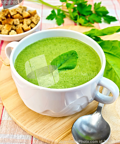 Image of Soup puree with spinach leaves and spoon on fabric