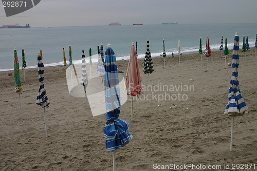 Image of Parasols on empty beach