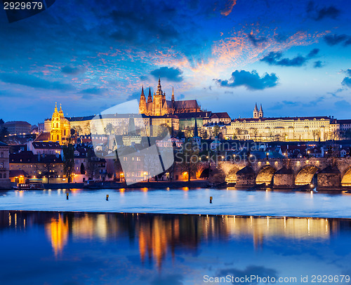 Image of Charles Bridge and Prague Castle in twilight
