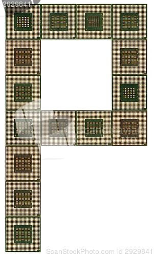 Image of letter P  made of old and dirty microprocessors