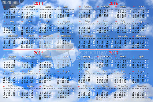 Image of calendar for 2014 - 2017 years on the background of blue sky