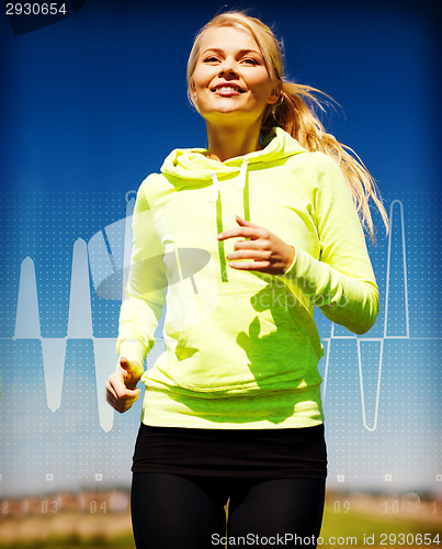 Image of smiling woman jogging outdoors