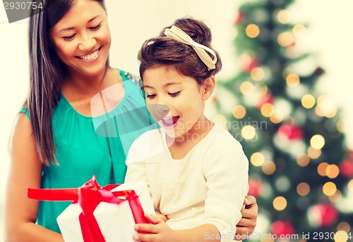 Image of happy mother and child girl with gift box