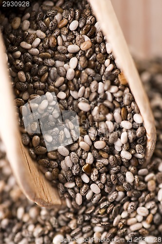 Image of Nutritious chia seeds on a wooden spoon