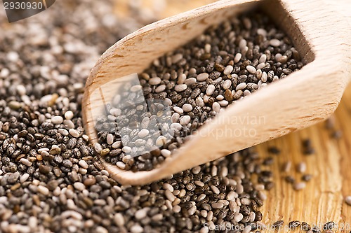 Image of Nutritious chia seeds on a wooden spoon