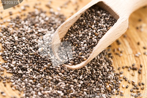 Image of Nutritious chia seeds on a wooden spoon