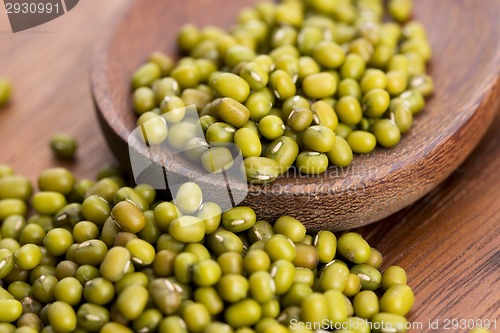 Image of Mung beans over wooden spoon