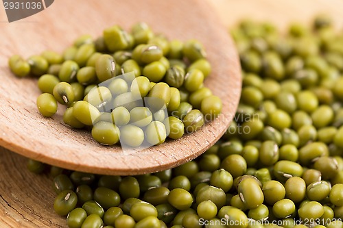 Image of Mung beans over wooden spoon