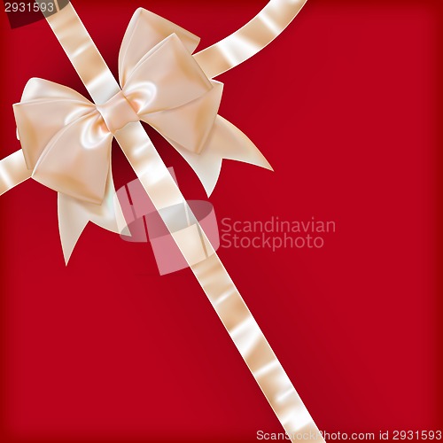 Image of Pearls color gift bow with ribbon on red. EPS 10