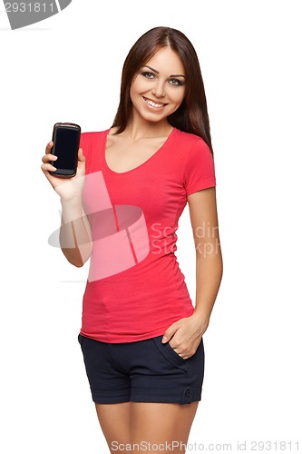 Image of Woman showing mobile cell phone with black screen