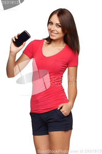 Image of Woman showing mobile cell phone with black screen