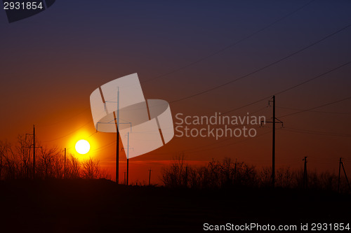 Image of Poles of power lines at sunset - industrial landscape