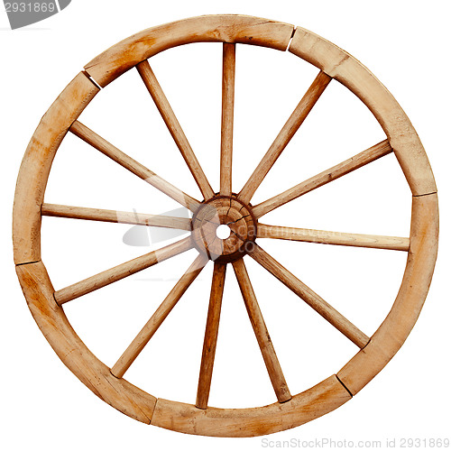 Image of Ancient wooden grunge wagon wheel in country style isolated on w