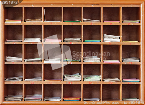 Image of Cabinet with notes for divination in the interior of a Buddhist 