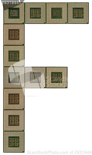 Image of letter F made of old and dirty microprocessors