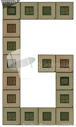 Image of letter G made of old and dirty microprocessors