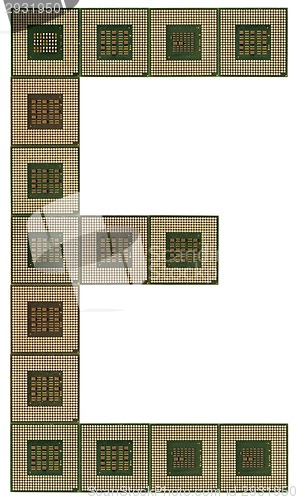 Image of letter E made of old and dirty microprocessors