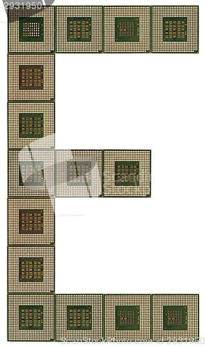 Image of letter E made of old and dirty microprocessors