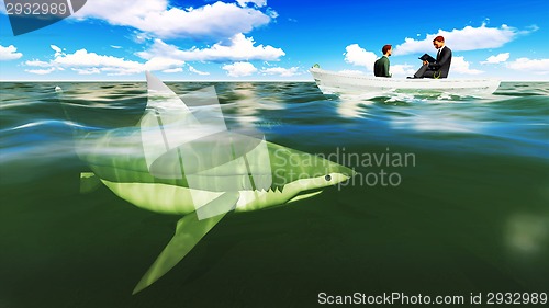 Image of businessmen on boat with shark