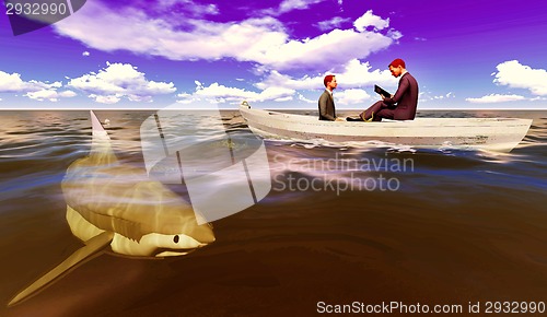 Image of  businessmen onboat with shark
