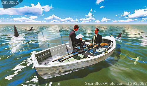 Image of businessmen on boat with shark